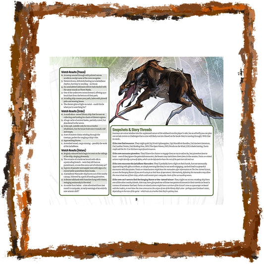 A printed fantasy creature character sheet featuring an illustration of a wolf-like beast and blocks of text, presented on a white page with a distressed brown border around the edges.