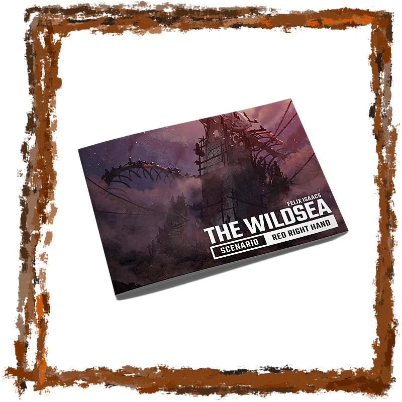 The box art for 'The Wildsea Scenario: Red Right Hand' by Tidy Isaxes, shown at an angle on a white background with a rustic, distressed brown frame.