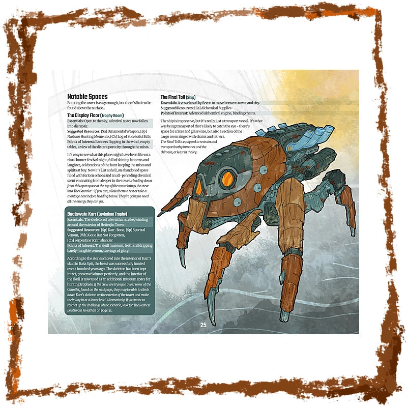 A printed informational page featuring a sci-fi mechanical spider-like creature illustration and blocks of text, including 'Notable Spaces,' 'The Display Fly (Chrysalis Form),' and 'Destructible Part (Cannonball Projectile),' presented on a white page with a distressed brown border.