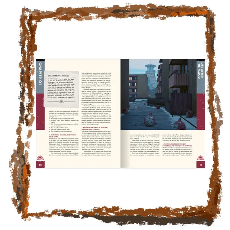 Book page with text and a small image of a city street, framed with a brown border.