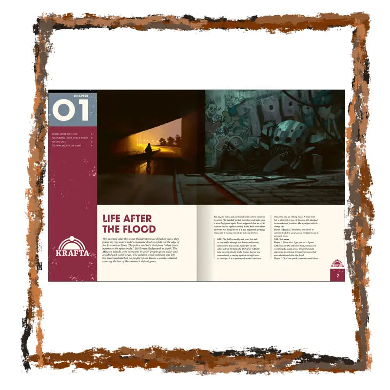 Open book or magazine spread with 'Life After the Flood' theme, featuring a silhouette and受损building illustration, framed with a rustic border.