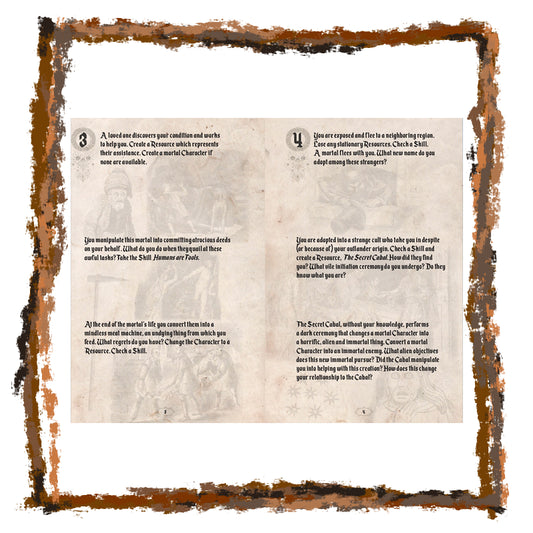 Text document with character creation prompts on a worn paper background