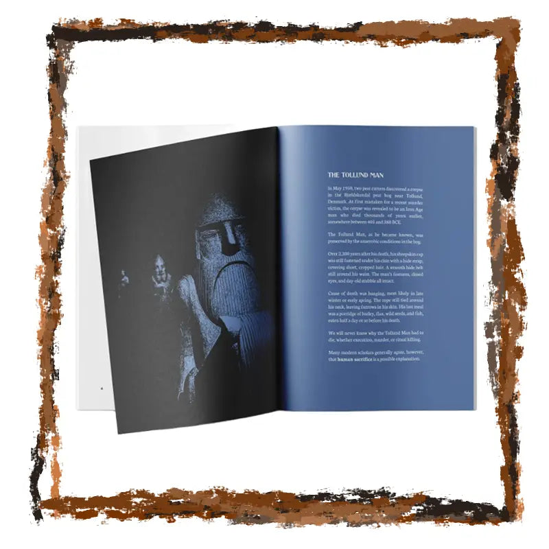 Open book with a black and white illustration on one page and text on the other, framed with a brown border.