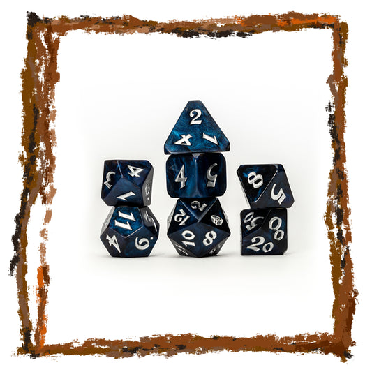 Set of blue polyhedral dice with white numbers on a white background