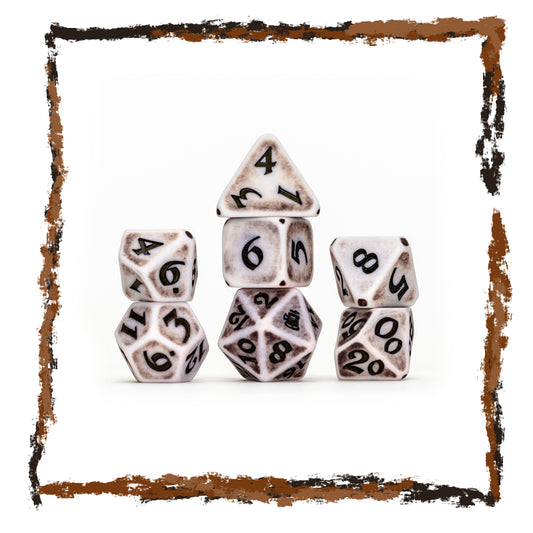 Set of polyhedral dice with black numbers on a white background
