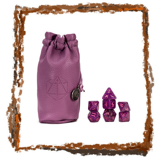 Purple dice bag with purple dice on a white background
