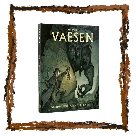 Vaesen Nordic Horror Roleplaying game box with a dark cover featuring a person and creature.