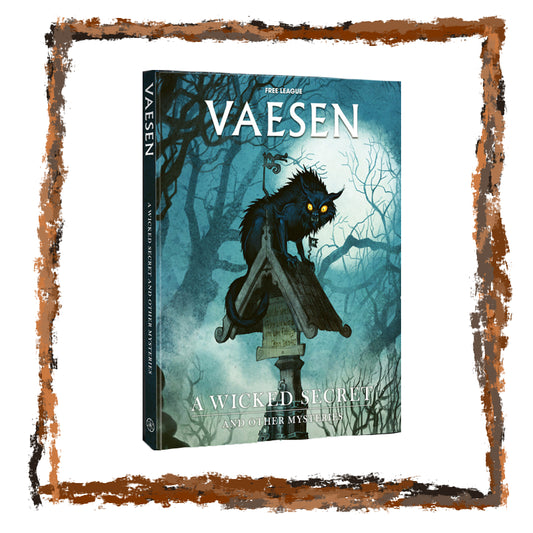 Book titled 'Vaeesen: A Wicked Secret' with a dark fantasy cover featuring a cat on a roof.