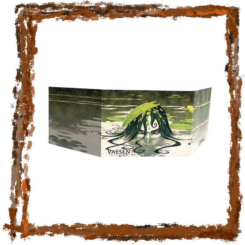 A game master screen featuring a stylized illustration of a face emerging from dark water with green lily pads and a yellow flower, centered on a white background with a distressed brown border.