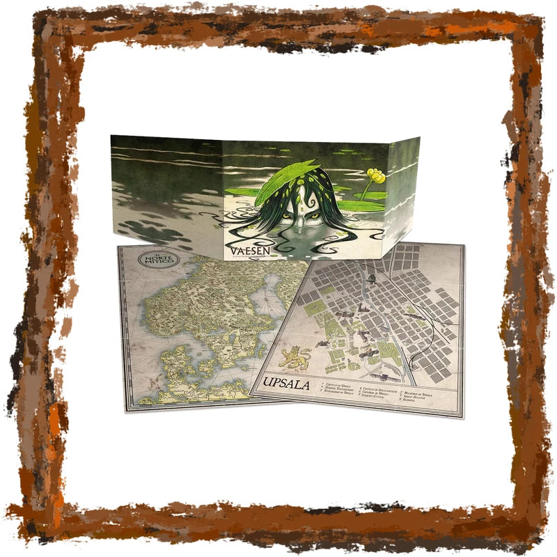 A set displayed on a white background with a distressed brown frame. The set includes a gamester's screen featuring a dark illustrated character with green hair and the title 'Vaesen', two printed maps.