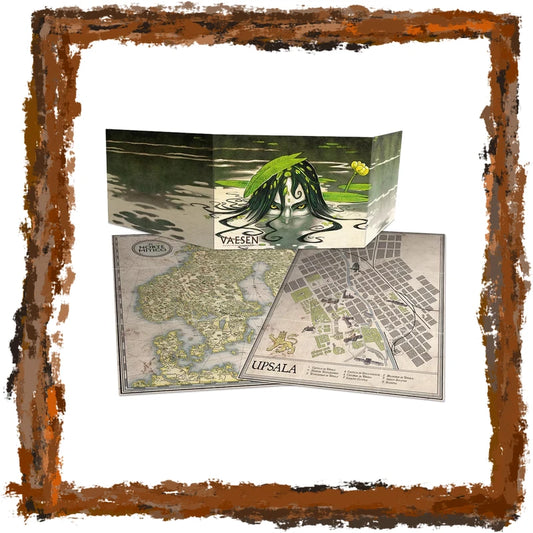 A set displayed on a white background with a distressed brown frame. The set includes a gamester's screen featuring a dark illustrated character with green hair and the title 'Vaesen', two printed maps.
