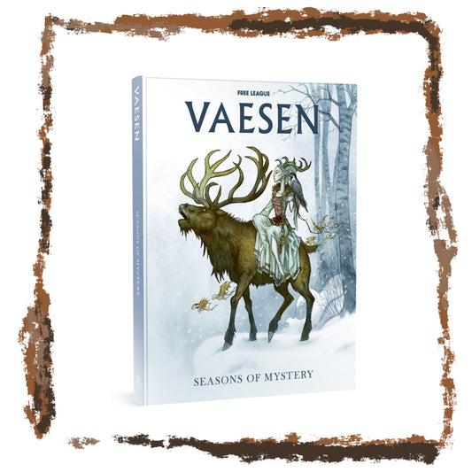 Book titled 'Vaeesen: Seasons of Mystery' with a cover illustration of a person on a deer in a snowy forest.