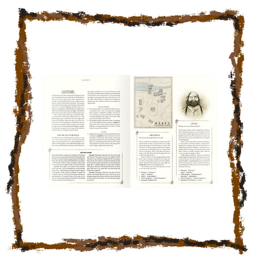 Document with text and a map, framed with a brown border