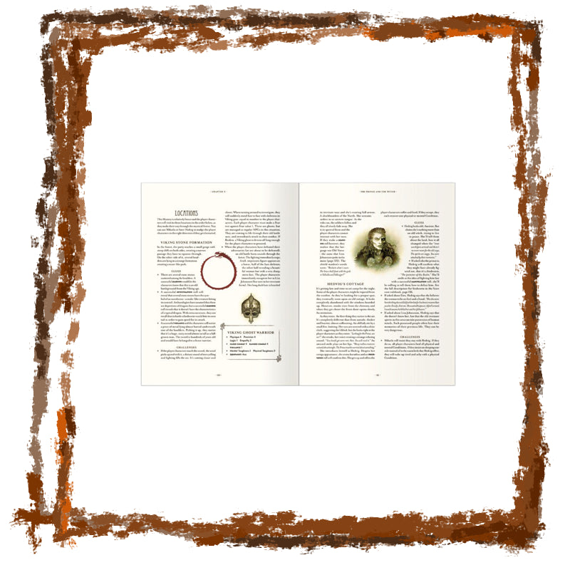 Open book with text and a portrait on a white background with a brown decorative border.