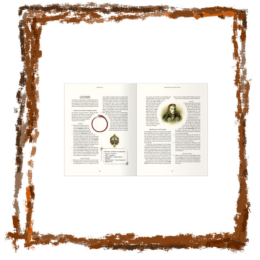 Open book with text and a portrait on a white background with a brown decorative border.
