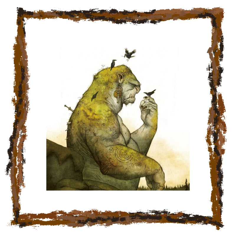 Illustration of a creature with a bird on its hand, framed with a textured border.