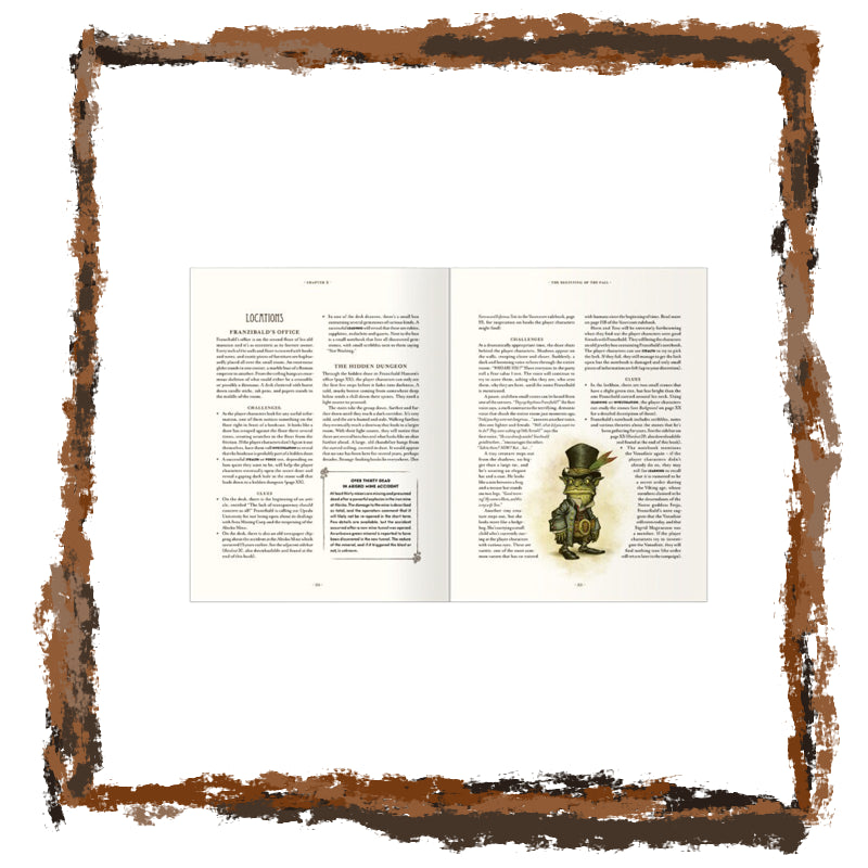 Book open to a page with text and a small illustration, framed with a brown border.