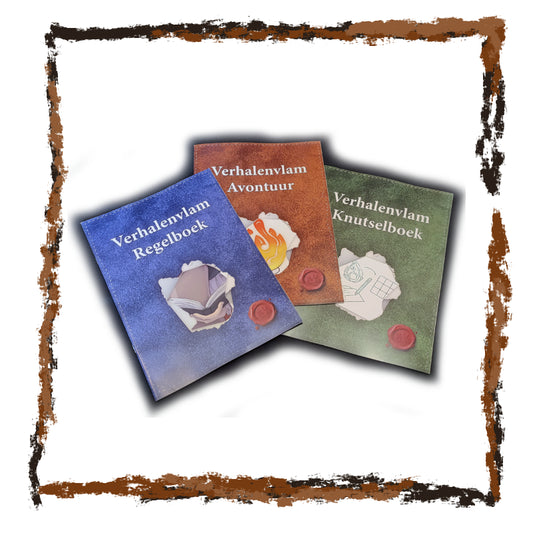 Three books titled 'Verhalenvlam Regelboek', 'Avontuur', and 'Knutselboek' on a white background.