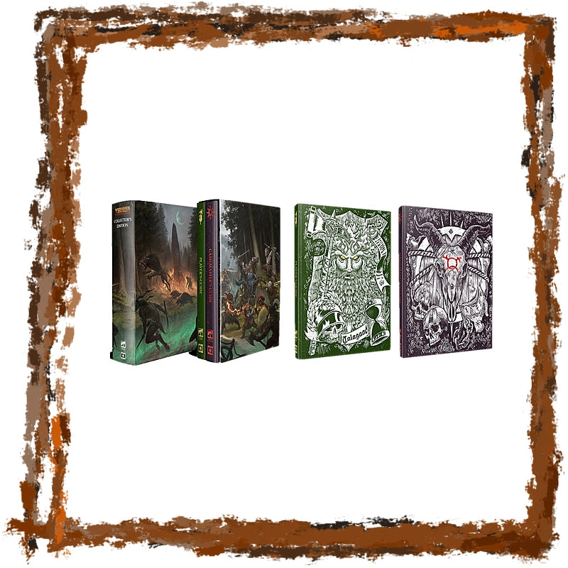 Four boxed game boxes arranged in a row on a white background, surrounded by a rustic brown frame. The boxes feature dark fantasy artwork, including a green box with a wolf illustration and a black-and-white box with a horned demon design.