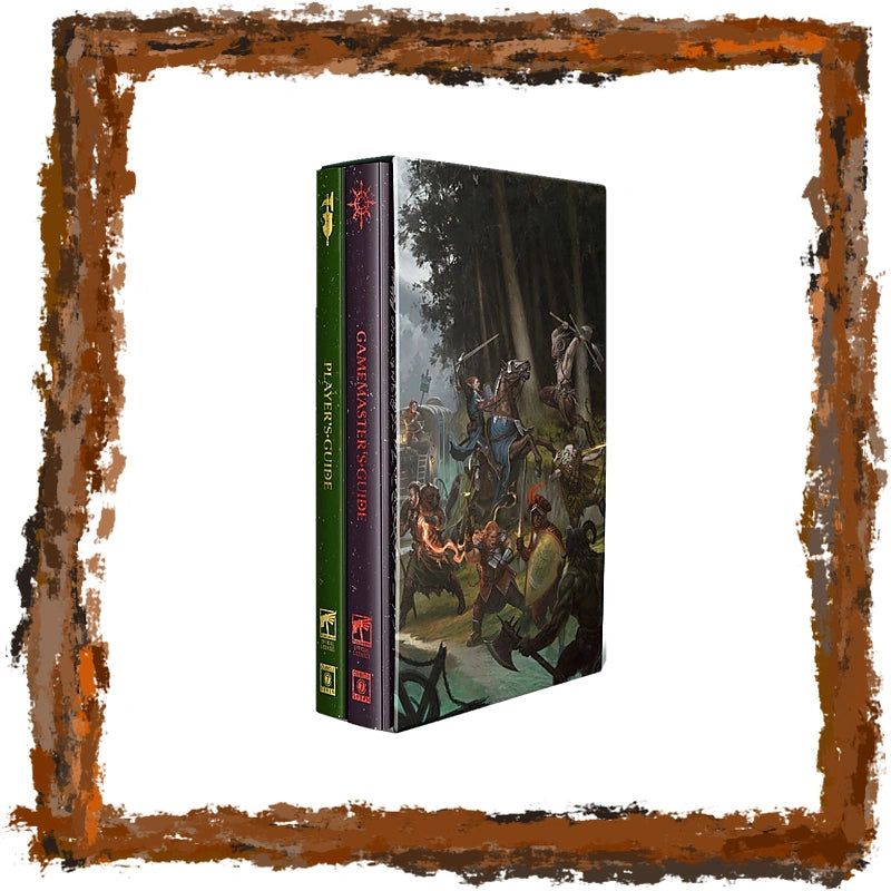 A boxed set of two fantasy gaming books standing upright on a white background, surrounded by a rustic brown textured border. The spine shows the title 'Game Master's Guide' and 'The Player's Guide'  and the cover features a dark fantasy illustration of characters in a forest.