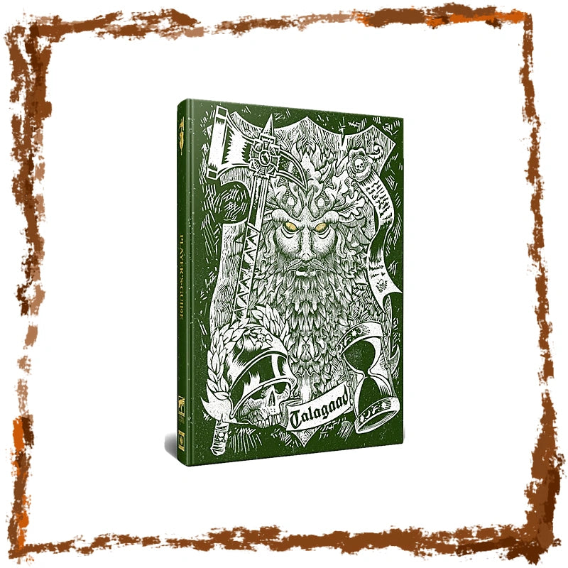 A hardcover book titled 'Talagaad' featuring a detailed black and white illustration of a bearded warrior holding an axe, set against a white background with a rustic brown border.