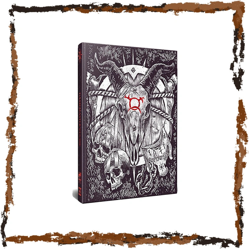 A hardcover book or art print featuring a detailed black and white illustration of a horned skull with a red circular symbol on its forehead, shown at an angle against a white background with a distressed brown border.