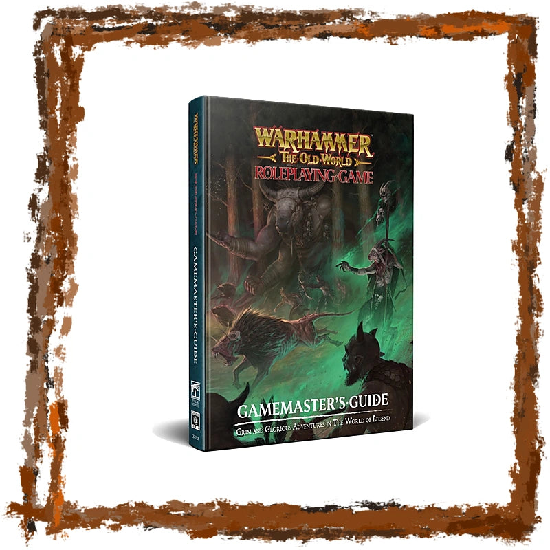 Warhammer The Old World Roleplaying Game: Gamemaster's Guide book shown at a three-quarter angle on a white background with a rustic brown frame.