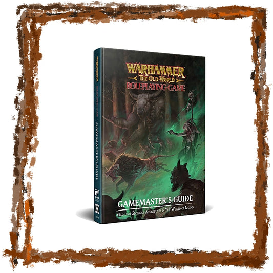 Warhammer The Old World Roleplaying Game: Gamemaster's Guide book shown at a three-quarter angle on a white background with a rustic brown frame.
