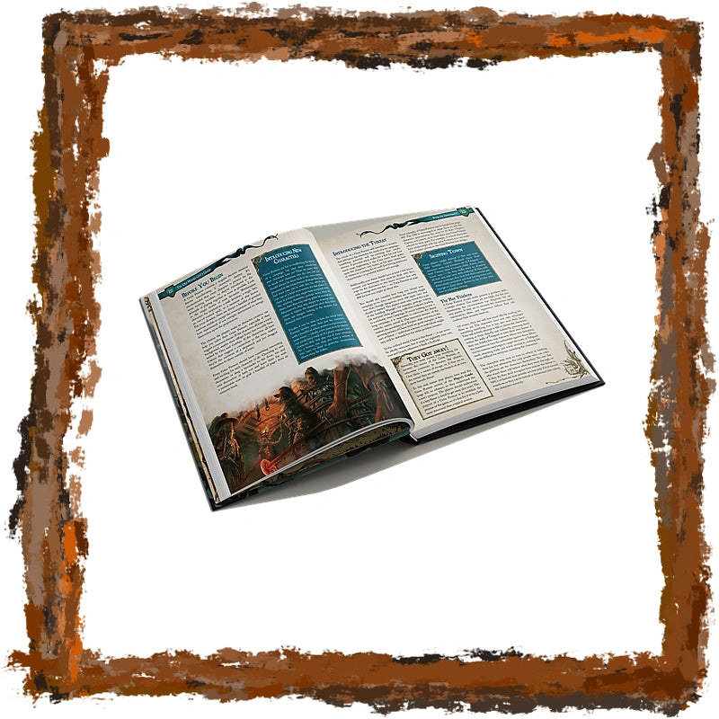 An open book with printed pages and a blue highlighted text section, shown at an angle on a white background with a rustic brown painted border around the edges.
