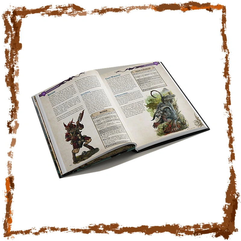 An open fantasy reference book or rulebook displayed on a white background with a distressed brown border. The book pages show printed text, tables, and illustrated character and creature artwork.