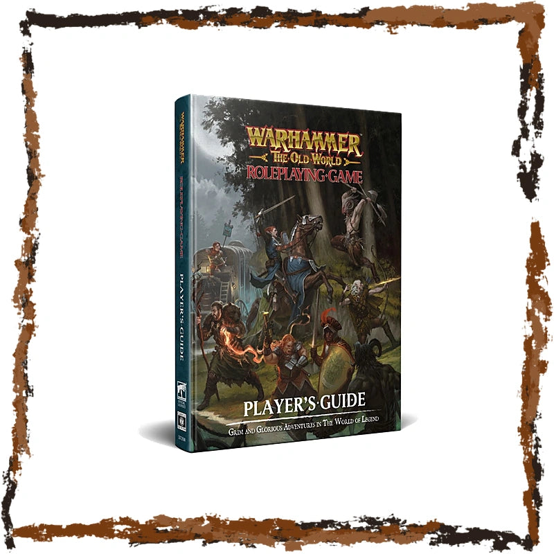 Warhammer The Old World Roleplaying Game Player's Guide book standing upright at an angle, showing the front cover and spine against a white background with a rustic brown border.