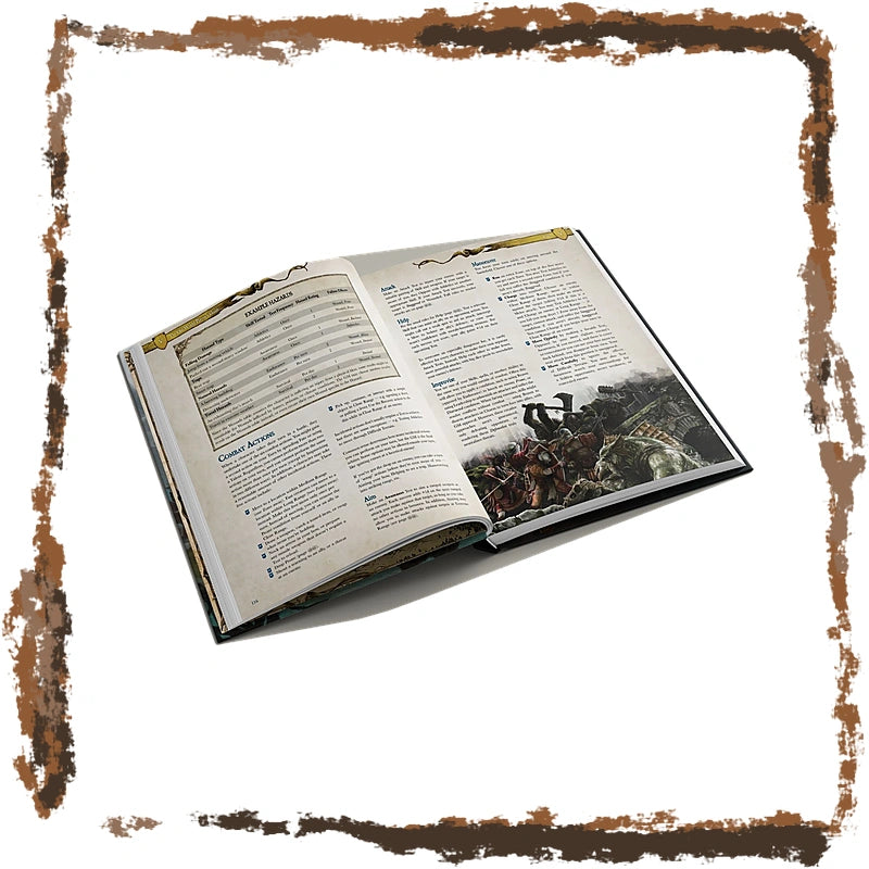 An open hardcover book, likely a reference guide or rulebook, displayed at an angle on a white background with a rustic brown distressed border frame.