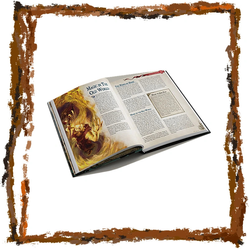 An open book with printed text and fantasy-style artwork on the left page, shown at an angle on a white background with a distressed brown border around the edges.