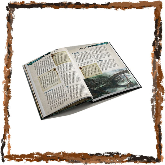 An open book with printed text pages and a scenic illustration on the right page, shown at an angle on a white background with a rustic brown distressed border around the edges.