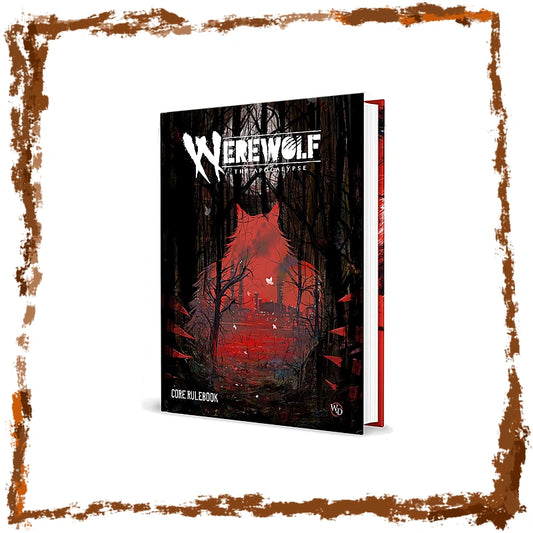 Werewolf: The Apocalypse Core Rulebook book shown at a three-quarter angle against a white background with a distressed brown frame. The cover features a dark, eerie forest scene with a large red wolf silhouette and the title 'Werewolf: The Asylum' in white.