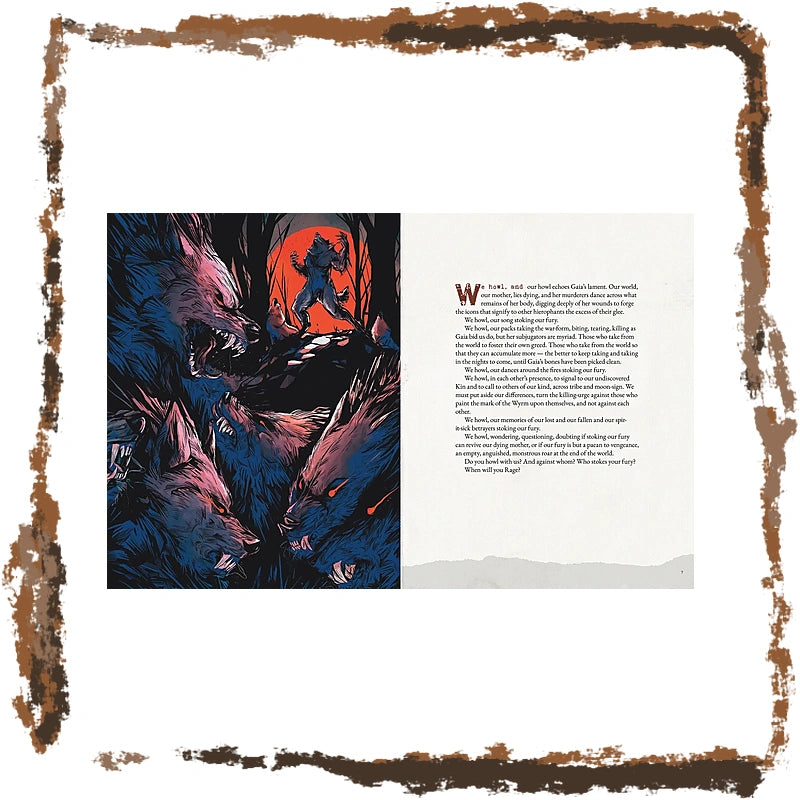 A book or booklet spread with a printed illustration on the left and a text column on the right, set against a white background with a distressed brown border around the edges.