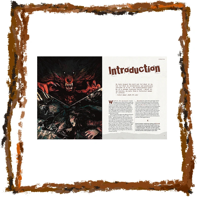 A printed booklet or magazine spread titled 'Introduction' with a dark fantasy illustration of a wolf-like creature on the left page and text columns on the right, centered on a white background with a distressed brown border.