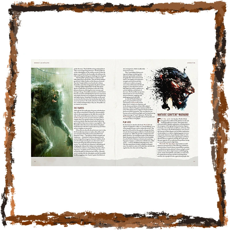 An open magazine or book spread showing fantasy artwork and text, centered on a white background with a distressed brown border around the edges.