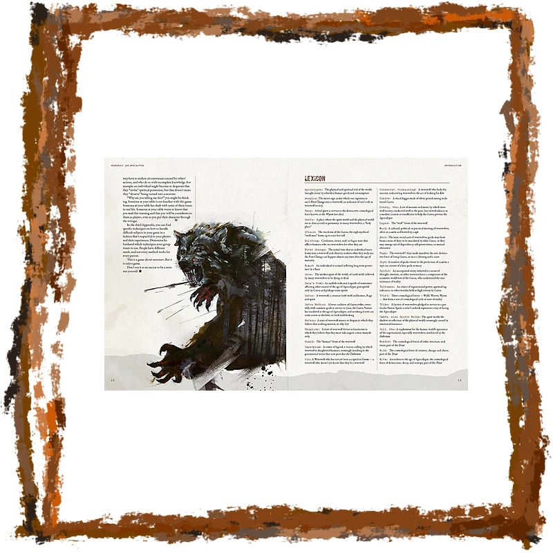 An open book or magazine spread featuring a dark fantasy illustration of a wolf-like creature on the left page and columns of text on the right, surrounded by a rustic distressed brown frame on a white background.