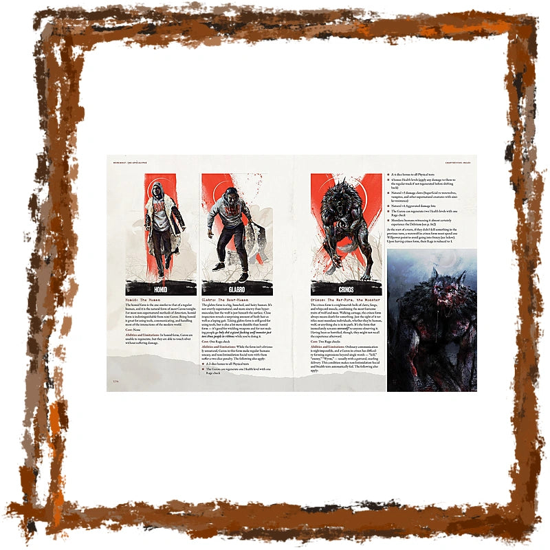 An open printed booklet or comic-style spread showing illustrated monster entries with names, descriptions, and stats. The pages are centered on a white background and are framed by a distressed brown border.