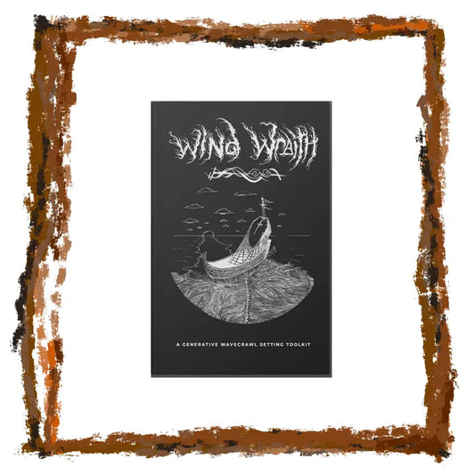 Poster with 'Wind Wraith' text and a stylized illustration of a boat on water, framed with a brown border.